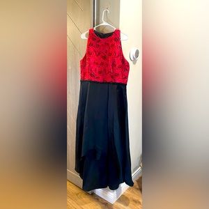S.L. Fashions black and red floral sleeveless dress.